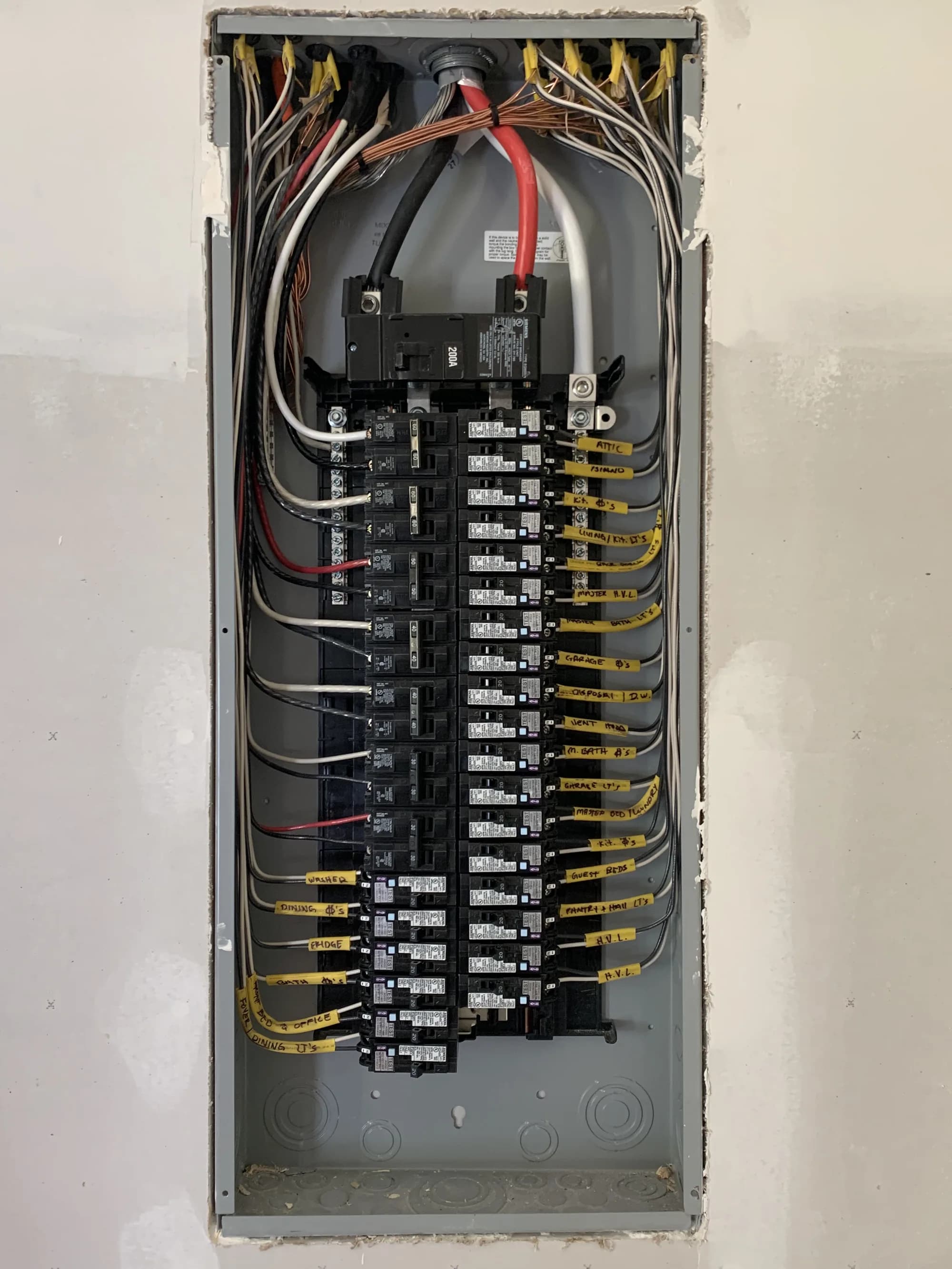 Residential electrical panel installed by Babcock Electric — neatly bundled wiring with labeled circuits, Lake Charles, LA